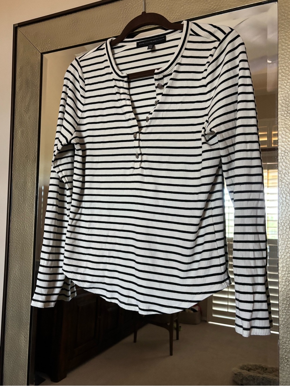 White House Black Market Black & White Striped Long Sleeve Henley